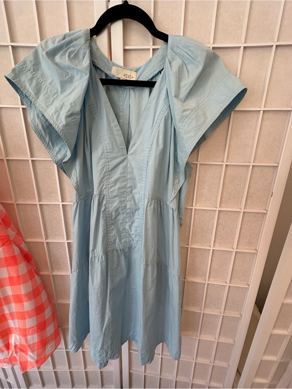 Pinch Light Blue V-Neck Flutter Sleeve Mini Dress